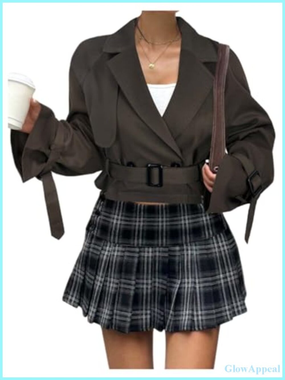 Cropped Trench Coat Double Breasted Notched Lapel Short Jacket with Belt Fall
